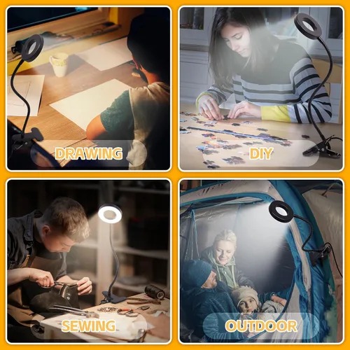 Vista 4 de Foneso Lámpara de escritorio con clip, luz de 48 LED, USB, con 3 modos de color, 10 niveles de brillo, protección ocular, cuello de ganso flexible
