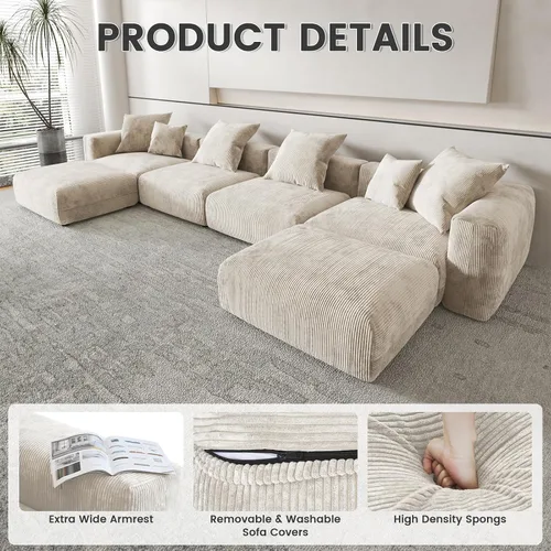 Vista 6 de Sofá seccional modular en forma de nube, sofá en L con otomano, sofá cama de 260 cm de tamaño grande, sofás cama de corduroy para sala de estar