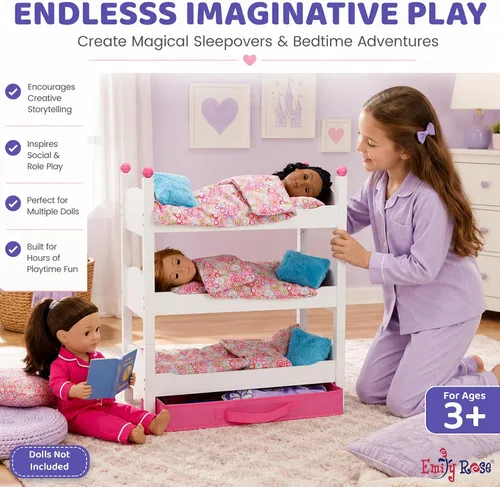 Vista 3 de Emily Rose Muebles para muñecas de 18 pulgadas, 3 camas individuales de madera apilables blancas, litera triple con (3) juegos de ropa de cama