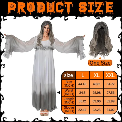 Vista 2 de Hercicy 2 piezas de disfraz de fantasma gótico y pelucas largas onduladas para disfraz, delicado vestido de novia muerta, peluca de fantasma rizado