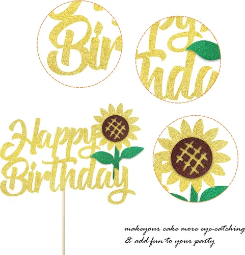 Vista 3 de 1 paquete de decoración de pastel de feliz cumpleaños con purpurina de girasol para pasteles, baby shower, niños, cumpleaños, verano, baby shower
