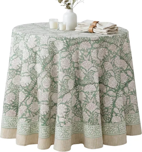 Vista 37 de ATOSII Amalfi - Mantel redondo de verano 100% algodón, estampado en bloques, para comedor, bodas, exteriores, fiestas, I Grand Millenial Farmhouse