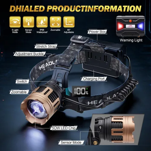 Vista 2 de Linterna frontal LED recargable, 2000 lúmenes, ajustable a 90°, impermeable IP68, 5 modos de luz con sensor, zoom, cable de carga USB y clips