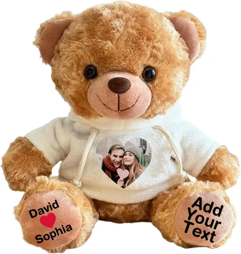Vista 10 de Oso de peluche personalizado con fecha de texto de imagen, juguetes de peluche personalizados de 11 pulgadas, regalo para novia, novio, cumpleaños