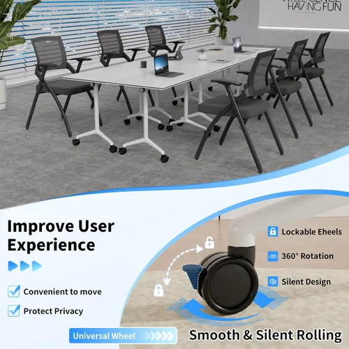 Vista 5 de Mesa de sala de conferencias, mesa de conferencias plegable móvil con ruedas, modernas mesas de entrenamiento apilables con parte superior abatible