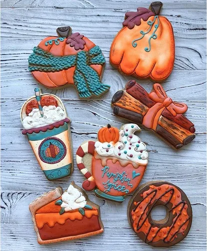 Vista 6 de LILIAO Juego de cortadores de galletas de otoño, 8 piezas, calabaza, taza de café con leche, taza de café, rebanada de pastel, donas y canela, acero