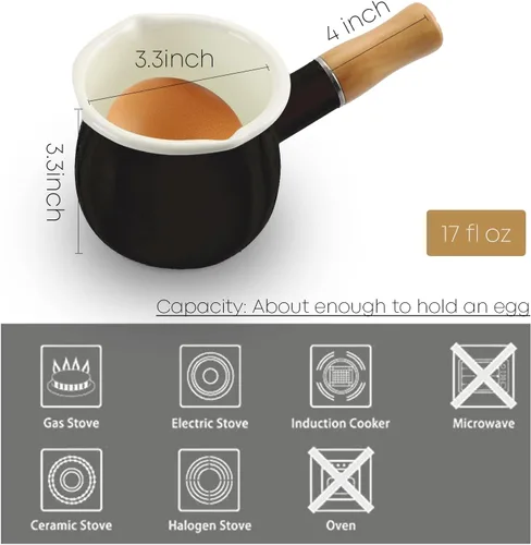 Vista 3 de Mini Olla de Leche Esmaltada de 0.6 Cuartos con Mango de Madera Aislado, 2 Picos Vertedores, Calentador de Alimentos Pequeño, Cacerola Bonita