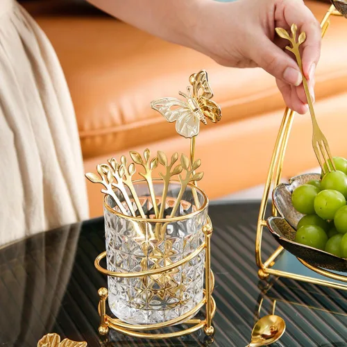 Vista 7 de Juego de 6 cucharas de café con soporte de vidrio, Juego de cucharas pequeñas de té de acero inoxidable dorado, Juego de mini cucharas de postre