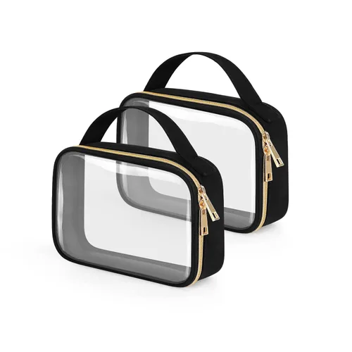 Vista 14 de Bolsa de aseo transparente Wedama, paquete de 2 bolsas de maquillaje transparentes con asas, bolsas cosméticas de PVC para mujeres y hombres, bolsas