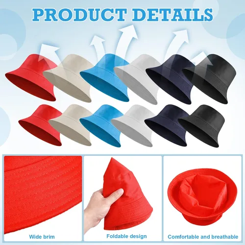 Vista 3 de Paquete de 12 sombreros de pescador de algodón a juego para la familia, sombrero de pescador para niños, a granel, ligero, unisex, sombrero de cubo