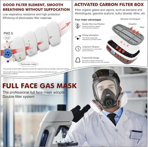 Vista 5 de Máscara respiradora contra gases, rostro completo, reutilizable, supervivencia nuclear y química, filtro carbón activado 6001 1.57″ para polvo