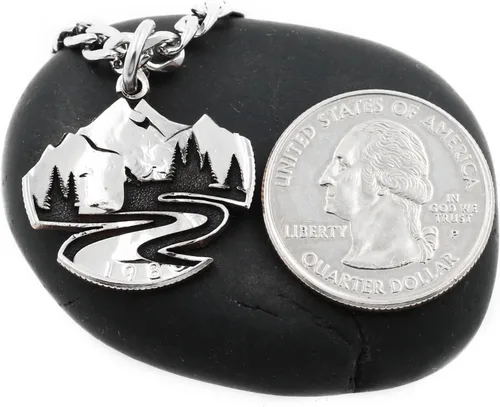 Vista 2 de Hand Cut Mountain Trail Necklace, Tiny Wolf on the Bluff, Forest Trees, Hiking Nature Jewelry, Engraved US Coin, By NameCoins