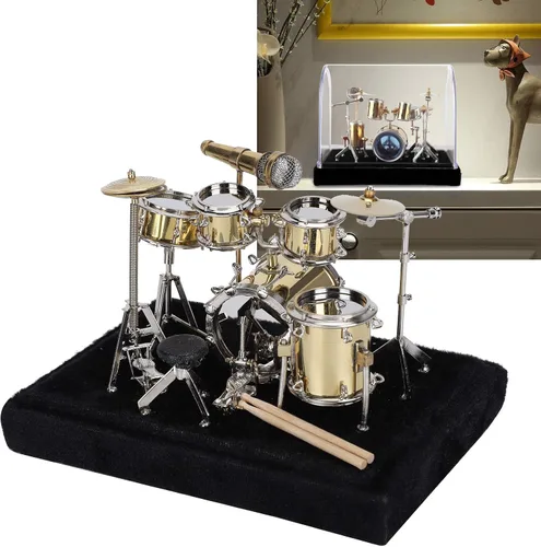 Vista 4 de Cyrank Mini modelo de kit de batería, modelo de instrumento musical dorado de metal, adorno de exhibición con soporte y estuche en miniatura