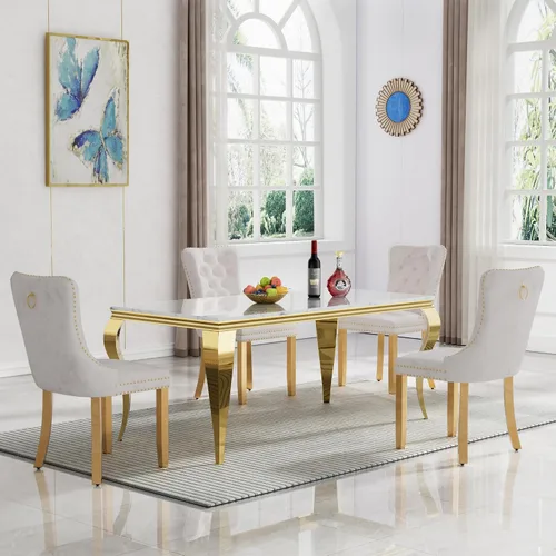 Vista 9 de Juego de 5 mesas de comedor de mármol sintético para 4 mesas de cocina de lujo de 68 pulgadas de oro blanco con 4 sillas tapizadas de terciopelo