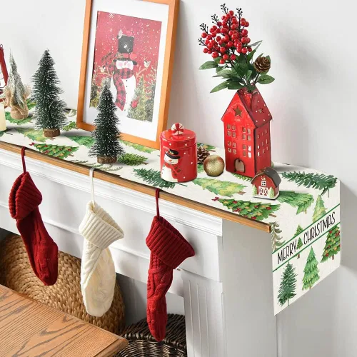 Vista 4 de OTOSTAR Camino de mesa de árbol de Navidad, Navidad, Navidad, Navidad, Navidad, caminos de mesa de cocina, comedor, decoración de mesa de lino