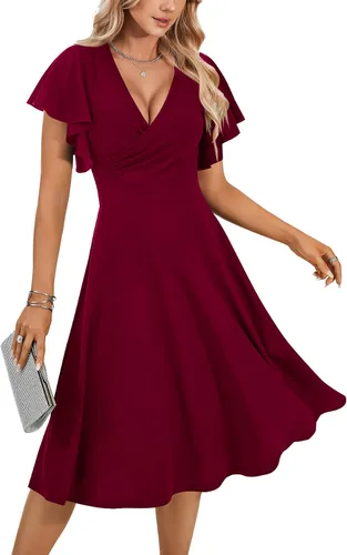 Vista 6 de LYANER Vestido midi acampanado de manga corta con volantes y cuello en V para mujer