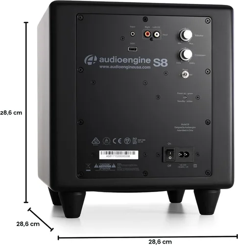 Vista 3 de Audioengine S8 Bocina para sonidos graves, de 8 pulgadas, con conexión a corriente eléctrica, color blanco. Negro