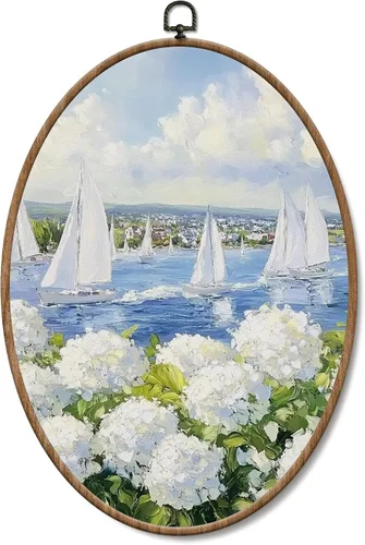 Vista 10 de Yorhifa Grandmillennial - Arte de pared enmarcado con lazo rosa coqueta, arte de pared redondo de chinoiserie azul y blanco, decoración de paredes