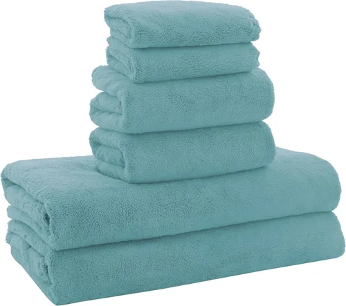 Vista 18 de MOONQUEEN Juego de Toallas de Terciopelo Coral de Microfibra Ultra Suave - Secado Rápido, 2 Toallas de Baño, 2 Toallas de Mano, 2 Toallitas - Verde