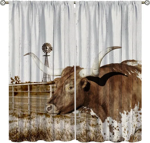 Vista 12 de YCness Cortinas de vaca occidental, cortinas con estampado tribal nativo azteca de las tierras altas nativas para sala de estar, dormitorio Estilo-10