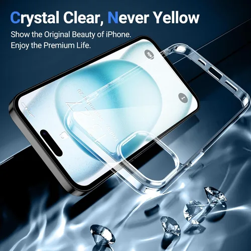 Vista 2 de Funda transparente compatible con iPhone 15 Plus, antiamarilleo, protección contra caídas de grado militar, antiarañazos, delgada, pero protectora