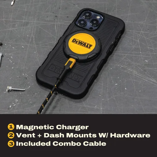 Vista 2 de DEWALT Soporte magnético para teléfono para kit de automóvil, cargador inalámbrico resistente, soporte de ventilación, montaje en tablero, soportes