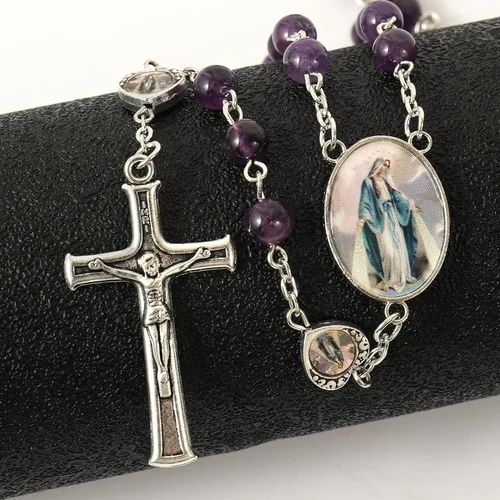 Vista 5 de Nazareth Store Cuentas de piedra natural con corazón de epoxi milagroso, cuentas de metal, collar de rosario, regalos cristianos de piedras preciosas