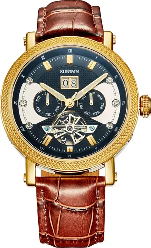 Vista 2 de Relojes automáticos para hombres, relojes de esqueleto de cristal de zafiro para hombres, reloj mecánico de cuerda automática, correa de cuero