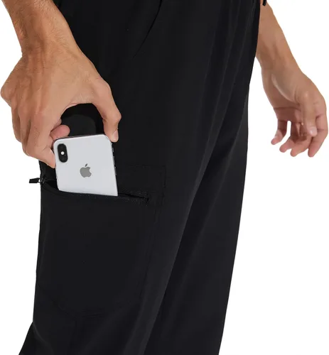 Vista 6 de COZYFIT Conjunto de ropa quirúrgica para hombre camiseta elástica con cuello en V y pantalón deportivo con 8 bolsillos, cintura de yoga, ropa