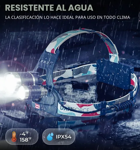 Vista 4 de DanForce Linterna frontal. Lámpara LED recargable por USB para la cabeza. Linterna frontal ultra brillante LUMINUS de 1080 lúmenes + luz roja.