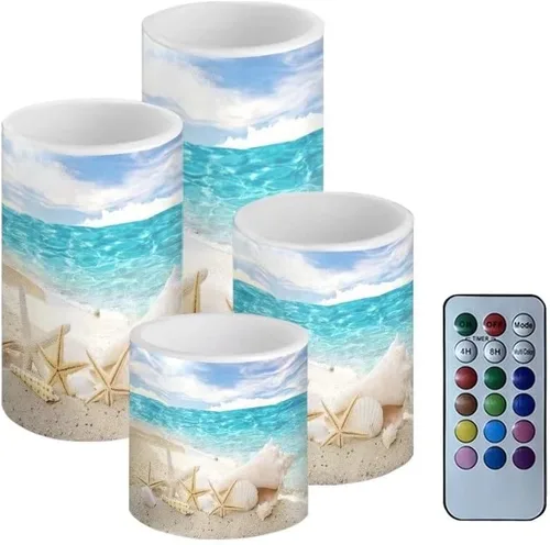 Vista 15 de Velas LED parpadeantes operadas por batería, juego de 4 con control remoto y temporizador, velas de llama danzante, velas de pilar para mesa, Playa
