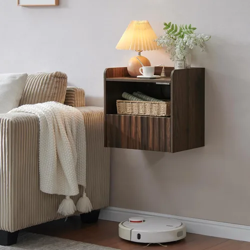 Vista 16 de BuildHom Moderna mesita de noche flotante acanalada montada en la pared, juego de 2 mesitas de noche con cajón de almacenamiento y estante