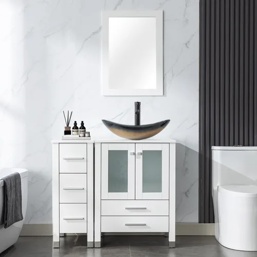 Vista 15 de LUCKWIND 36" Bathroom Vanity Combo with Sink, 24"+12.6" Width, Painted Bathroom Storage Cabinet with 5 Drawers, Including Tempered Glass Round