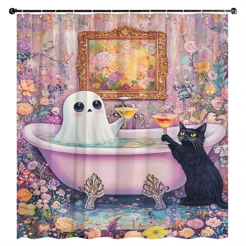Vista 6 de Divertida cortina de ducha de fantasma, diseño de fantasma, rosa, floral, lindo fantasma toma una bañera en flor, Halloween, gato negro, academia
