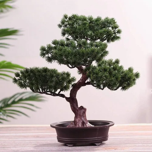 Vista 2 de Árbol de pino bonsái artificial, planta sintética de 11 pulgadas en maceta, adornos falsos para maceta, planta de bonsái de cedro japonés