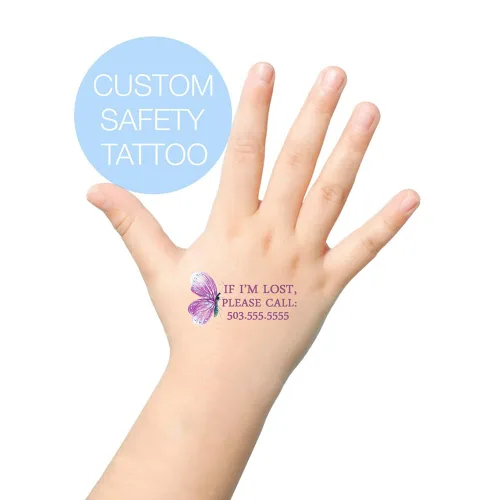 Vista 4 de Adhesivo personalizado para niños con texto en inglés Safty If Lost Call Tattoos – Tatuajes temporales de mariposa para niños – Tatuaje falso
