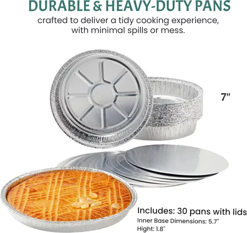 Vista 5 de Sartenes redondos de aluminio con tapas (paquete de 30) – Sartenes desechables de 7 pulgadas – Papel de aluminio redondo para hornear, asar