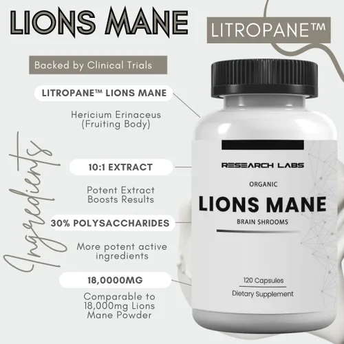 Vista 2 de Research Labs Cápsulas orgánicas de suplemento de melena de leones, 2 Fer 1 anuncio - 240 cápsulas con Patent Litropane™ Immune System Booster