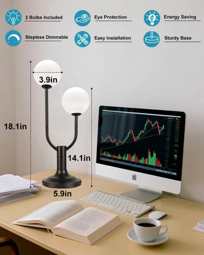 Vista 5 de Lightdot Lámpara de mesa con forma de globo para dormitorio, de mediados de siglo, moderna, negra, pequeña, lámpara de escritorio, regulable, 3000