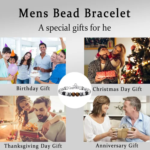 Vista 6 de Pulsera de cuentas para hombre RANKEEF - Juego de pulseras ajustables y elásticas con cuentas de piedra natural multicolor de 6 y 8 mm - Pulseras