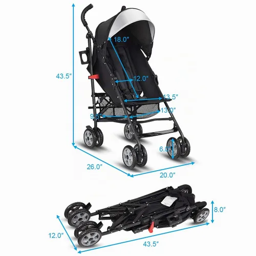 Vista 7 de BABY JOY Cochecito ligero, cochecito de viaje compacto, cochecito de bebé con respaldo ajustable y toldo, soporte para tazas, cesta de Negro