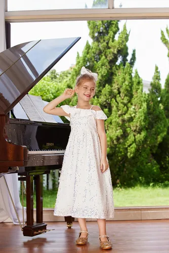 Vista 4 de GRACE KARIN Vestido de niña con hombros descubiertos y lentejuelas brillantes con nudo de lazo, 6-12 años