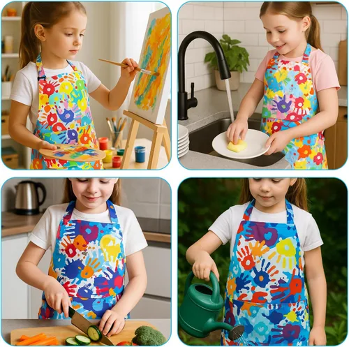 Vista 6 de Prasacco 2 piezas de delantales para niños con huellas de manos arcoíris, delantal de pintura para niños, delantal de arte ajustable para niños
