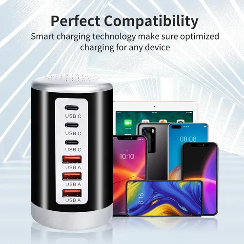 Vista 4 de Estación de carga USB de 60 W, 6 puertos (3 USB-A y 3 USB-C) compatible con iPhone 15/14/13/12/11, tabletas, teléfonos inteligentes, color negro