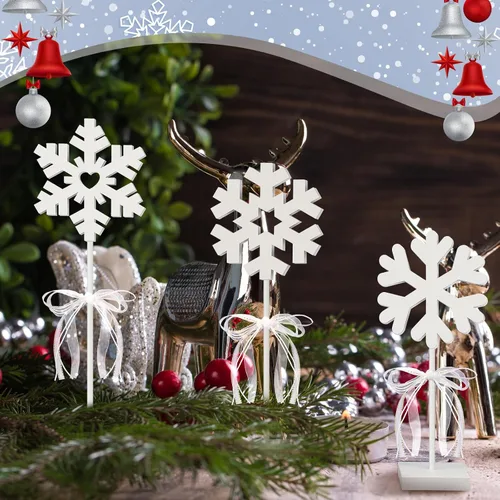 Vista 6 de Blulu 3 piezas de decoración de copo de nieve de madera de Navidad de color blanco de pie de invierno, decoración de Navidad para accesorios