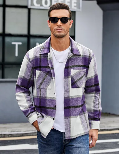 Vista 2 de COOFANDY Camisas de franela para hombre, casual, con botones, a cuadros, chaqueta de manga larga, chaqueta de forro polar con bolsillos