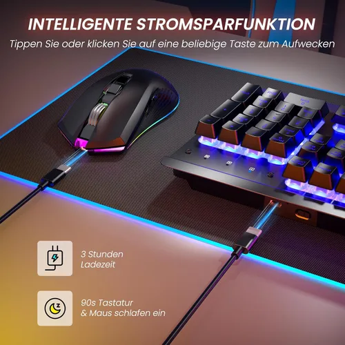 Vista 4 de RisoPhy Combo de teclado y mouse inalámbricos para juegos, panel de metal, retroiluminación de 7 colores, batería recargable de 3200 mAh