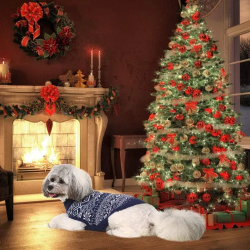Vista 2 de HOMIMP Suéter de rombos para perros - Ropa cálida de invierno para cachorros, abrigo suave, suéter feo para perros pequeños, medianos y grandes, Azul