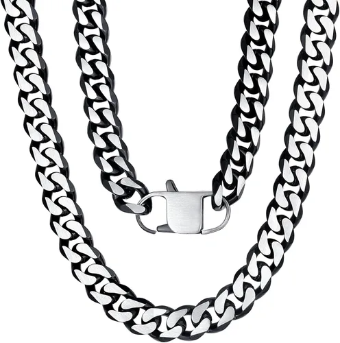 Vista 27 de YAMI Cadena de eslabones cubanos para hombre, azul/negro/oro de 14 quilates, acero inoxidable de 0.394-0.472 in de grosor, collar de cadena