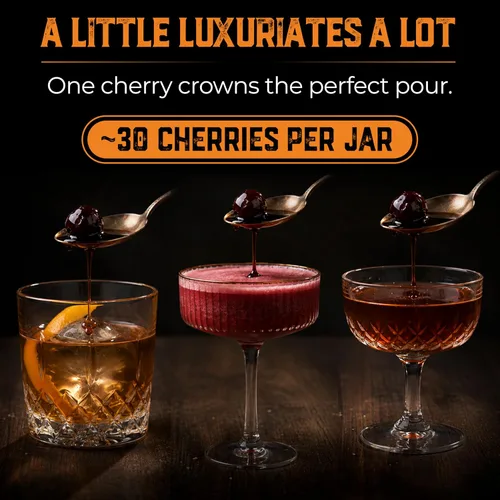 Vista 6 de Cerezas amarena de cóctel en almíbar, 10.5 onzas (más de 30 unidades) - Guarnición de cóctel de whisky bourbon de alta calidad, cerezas oscuras